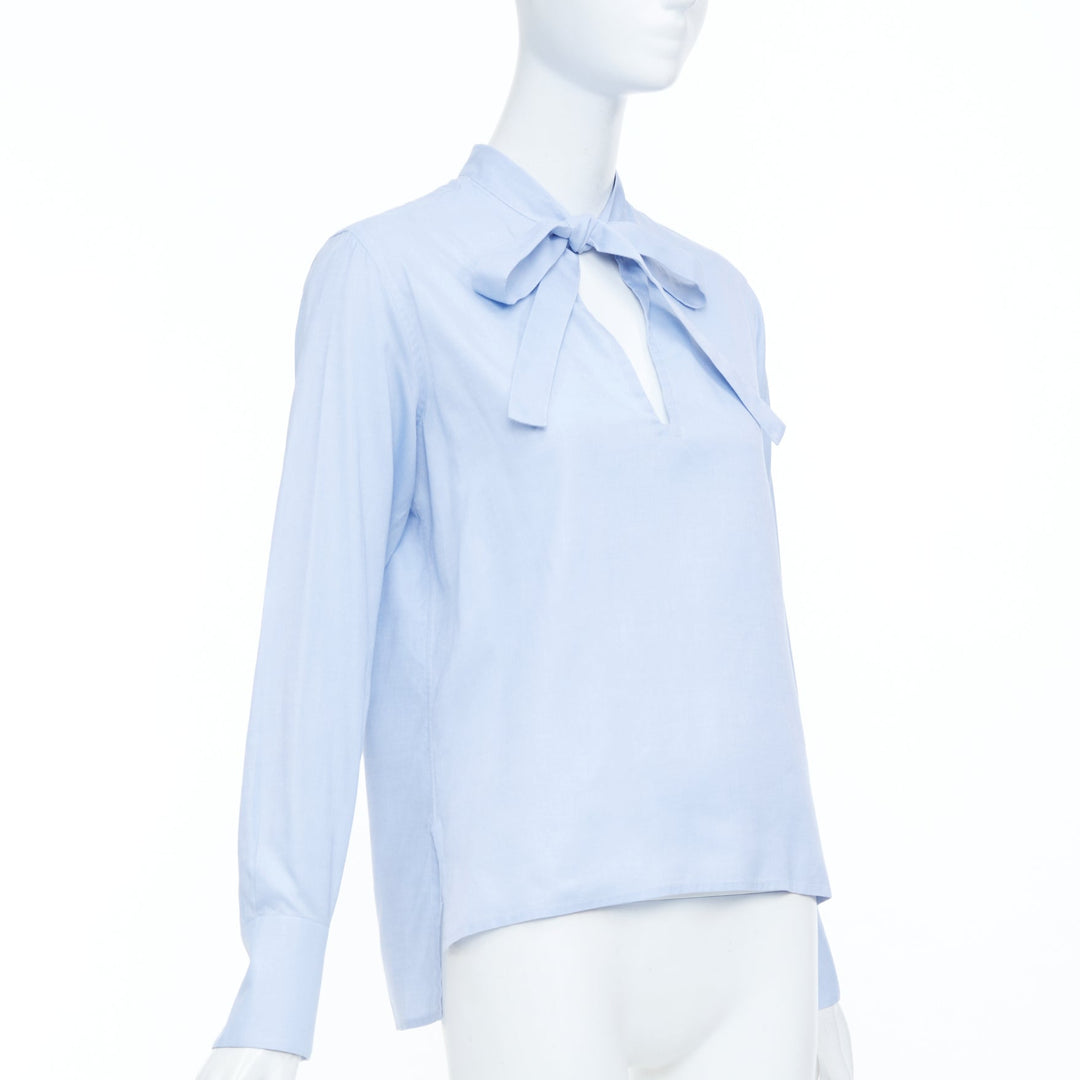 VALENTINO light blue cotton pussy bow tie keyhole cut out blouse shirt IT40 S