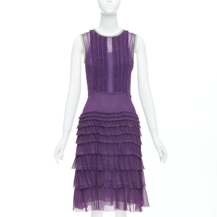 PRADA Vintage 100% silk purple green trim pleated tiered dress IT38 XS