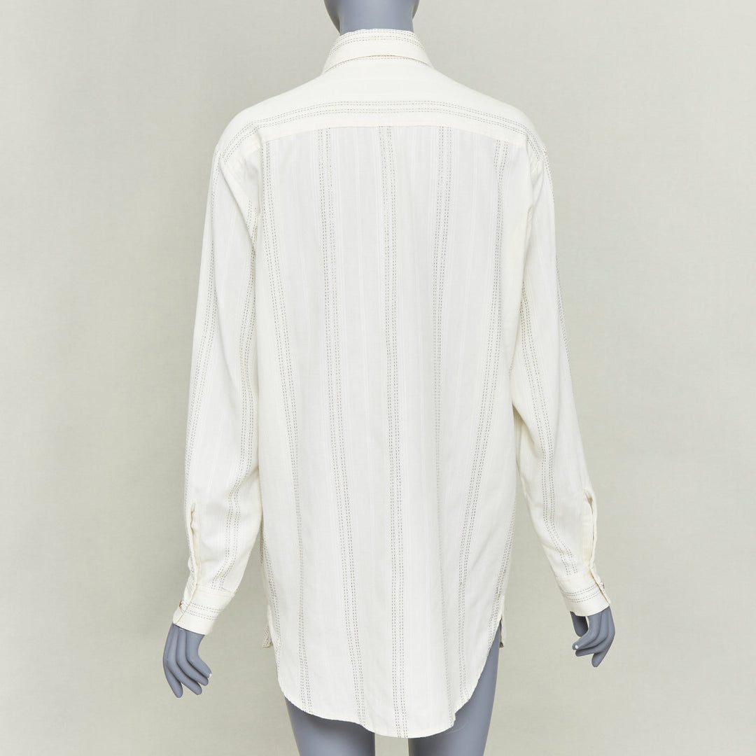 SAINT LAURENT 2019 cream modal blend gold metallic stripe weaved western shirt S