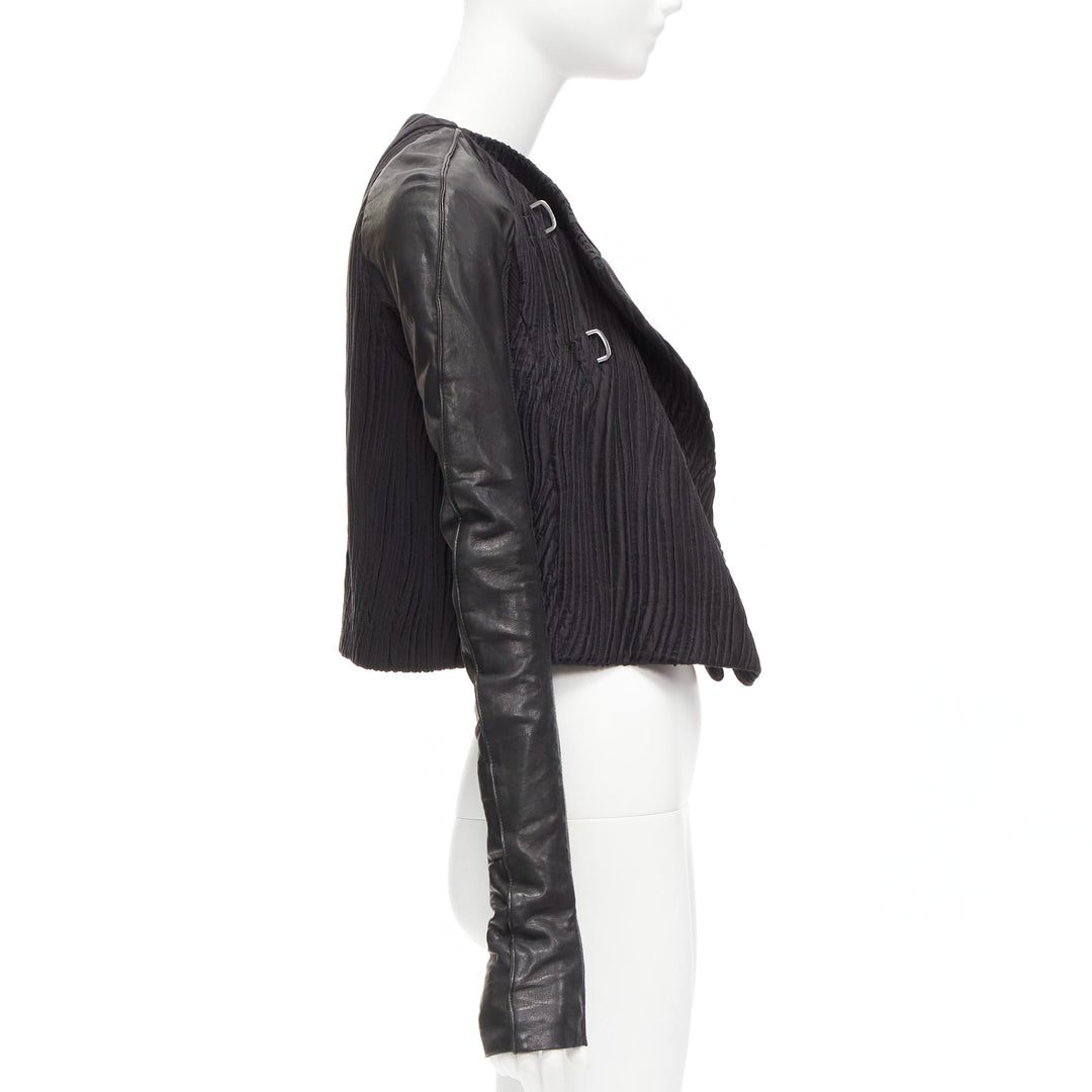 RICK OWENS black leather sleeves textured quilted silk wrap jacket IT40 S