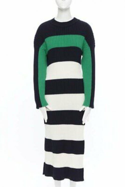 STELLA MCCARTNEY navy green white stripe virgin wool knit split side sweater S