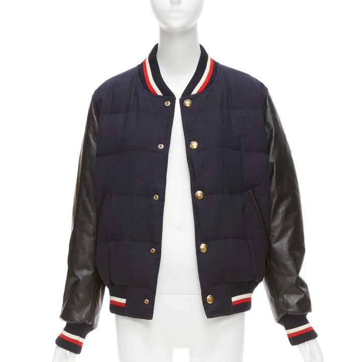 MONCLER GAMME BLEU navy wool leather sleeves goose down bomber jacket Sz2 M