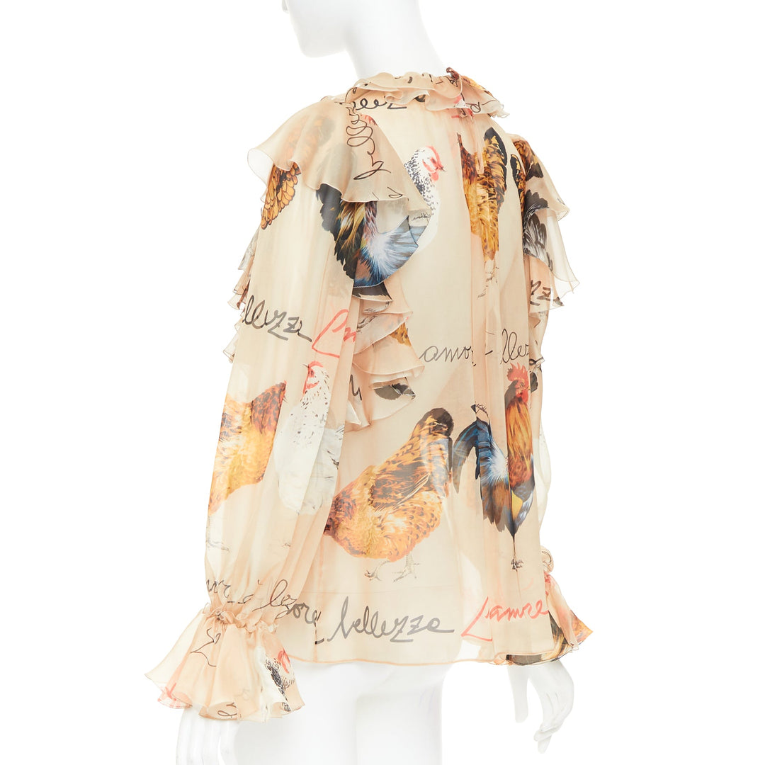 DOLCE GABBANA 100% silk beige chiken hen print sheer ruffled blouse IT38 XS