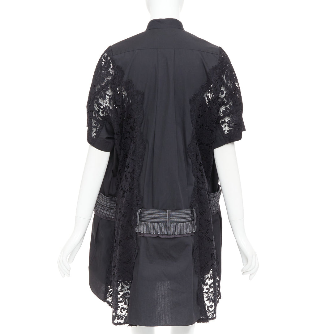 SACAI 2017 black lace trim panelled belt flared lined shirt dress JP1 S