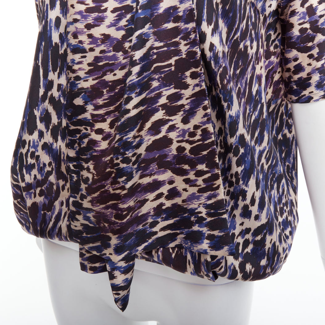 DRIES VAN NOTEN purple 100% silk leopard print tie front blouse FR36 S