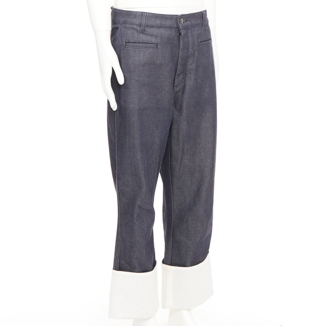 LOEWE 2018 Runway blue denim contrast white cuff turn up fisherman jeans IT50 L