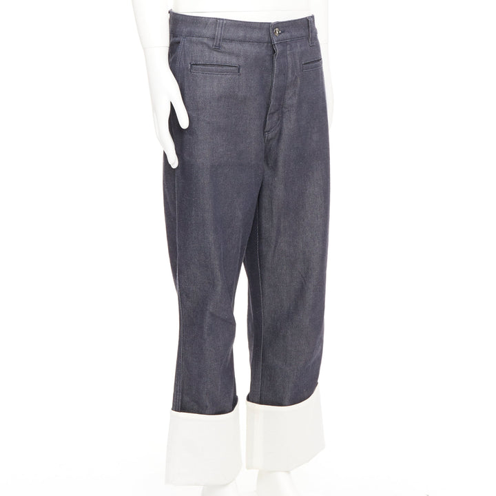 LOEWE 2018 Runway blue denim contrast white cuff turn up fisherman jeans IT50 L