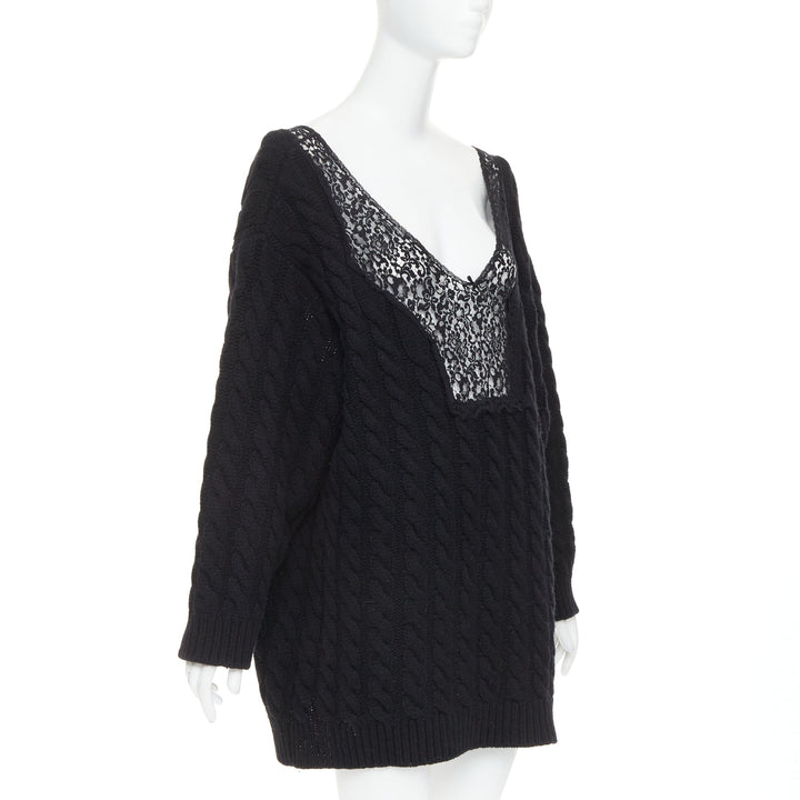 BALENCIAGA DEMNA 2017 black wool cable knit lace plunge oversized sweater FR