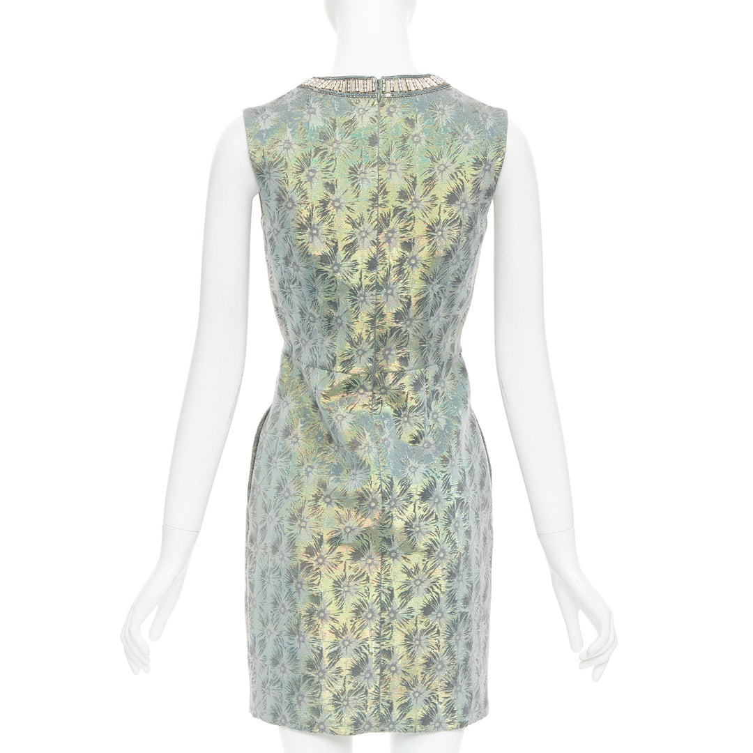 MATTHEW WILLIAMSON green iridescent gold bullet bead sheath dress UK8 S