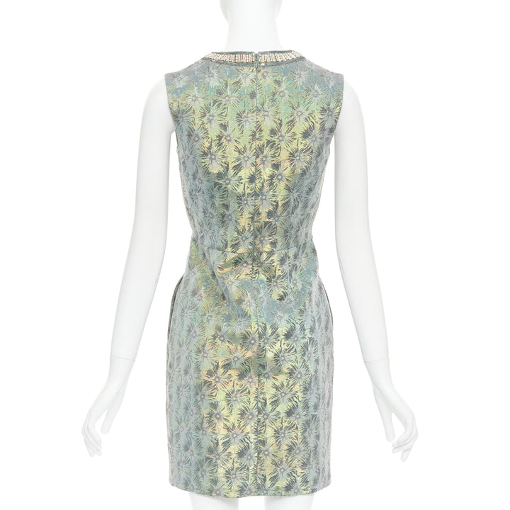 MATTHEW WILLIAMSON green iridescent gold bullet bead sheath dress UK8 S