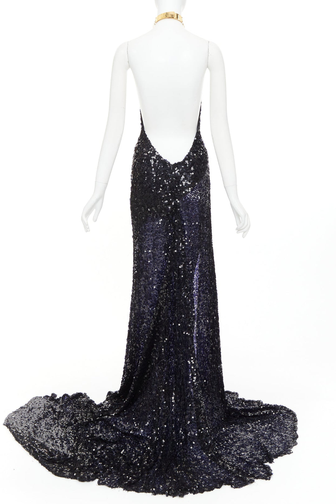 rare ALEXANDRE VAUTHIER navy sequinned gold crystal pave collar high slit gown