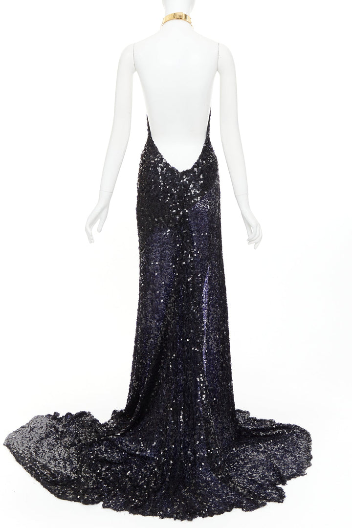 rare ALEXANDRE VAUTHIER navy sequinned gold crystal pave collar high slit gown