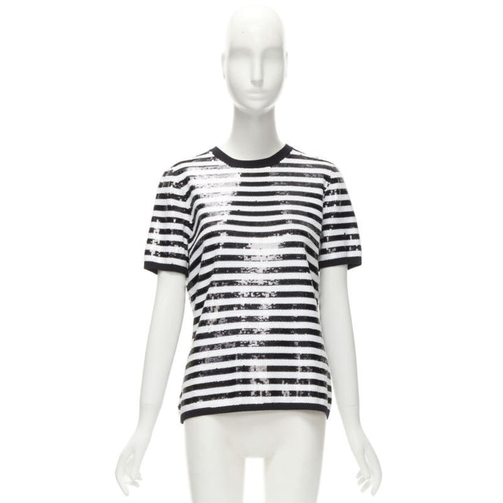 MICHAEL KORS COLLECTION 100% merino wool black white sequins striped boxy top XS