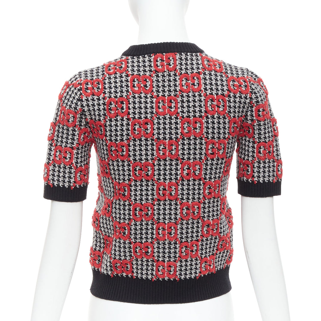 GUCCI 2023 red black Giant Monogram houndstooth intarsia crop sweater XS