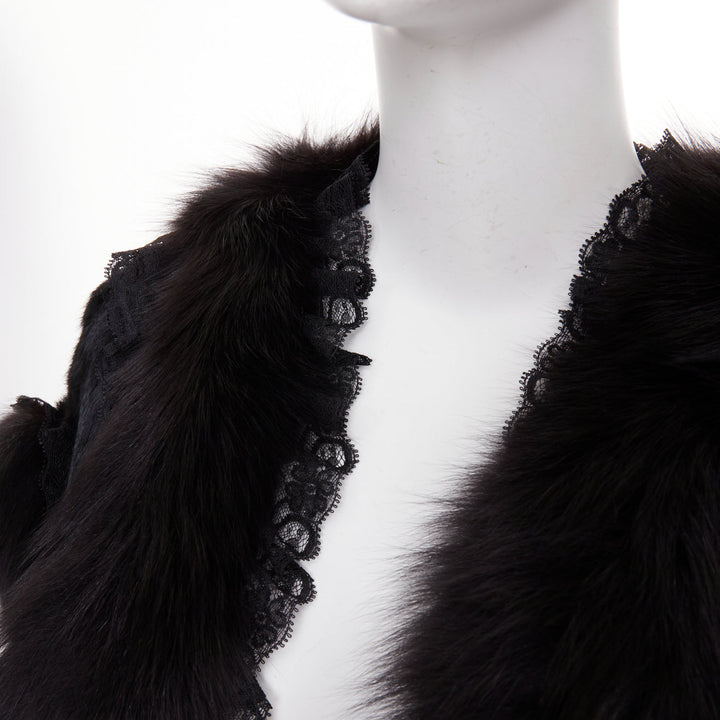 ADAM JONES 2004 black lace trim fox rabbit fur cropped open front bolero FR40 L