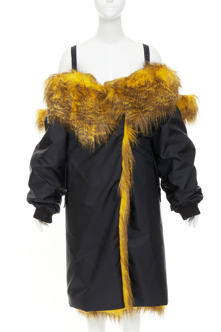 rare PRADA 2021 Raf Simons Runway yellow fur black off shoulder bomber IT38 XS