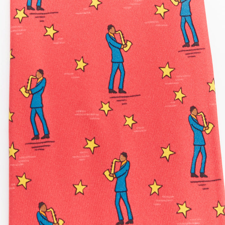 HERMES 7551 SA red yellow blue saxophone player star print silk tie