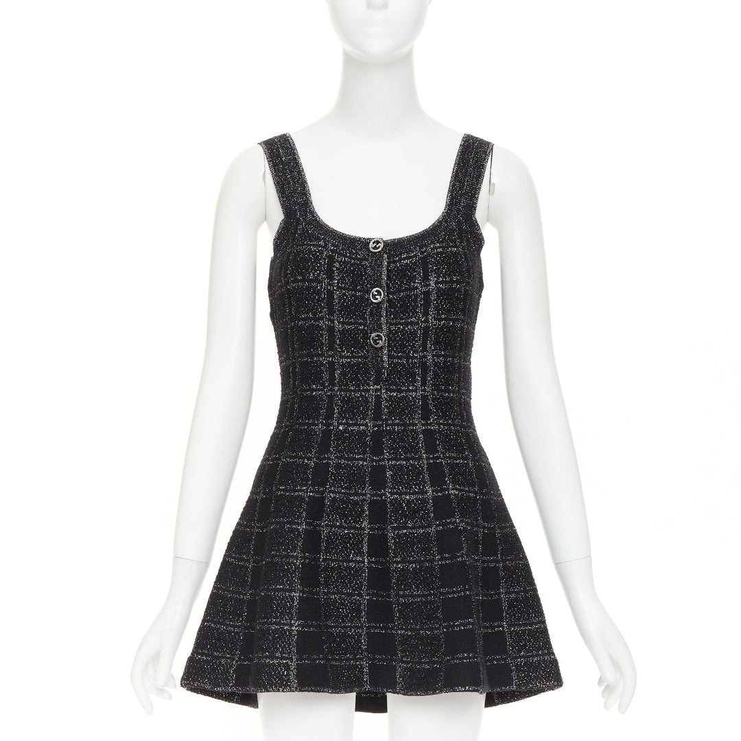 GUCCI 2024 black silver lame check jacquard vintage GG button mini dress XXS