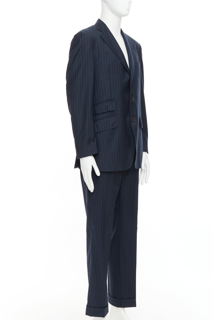ETRO navy pinstripe 100% wool single breasted cropped blazer jacket IT50 L