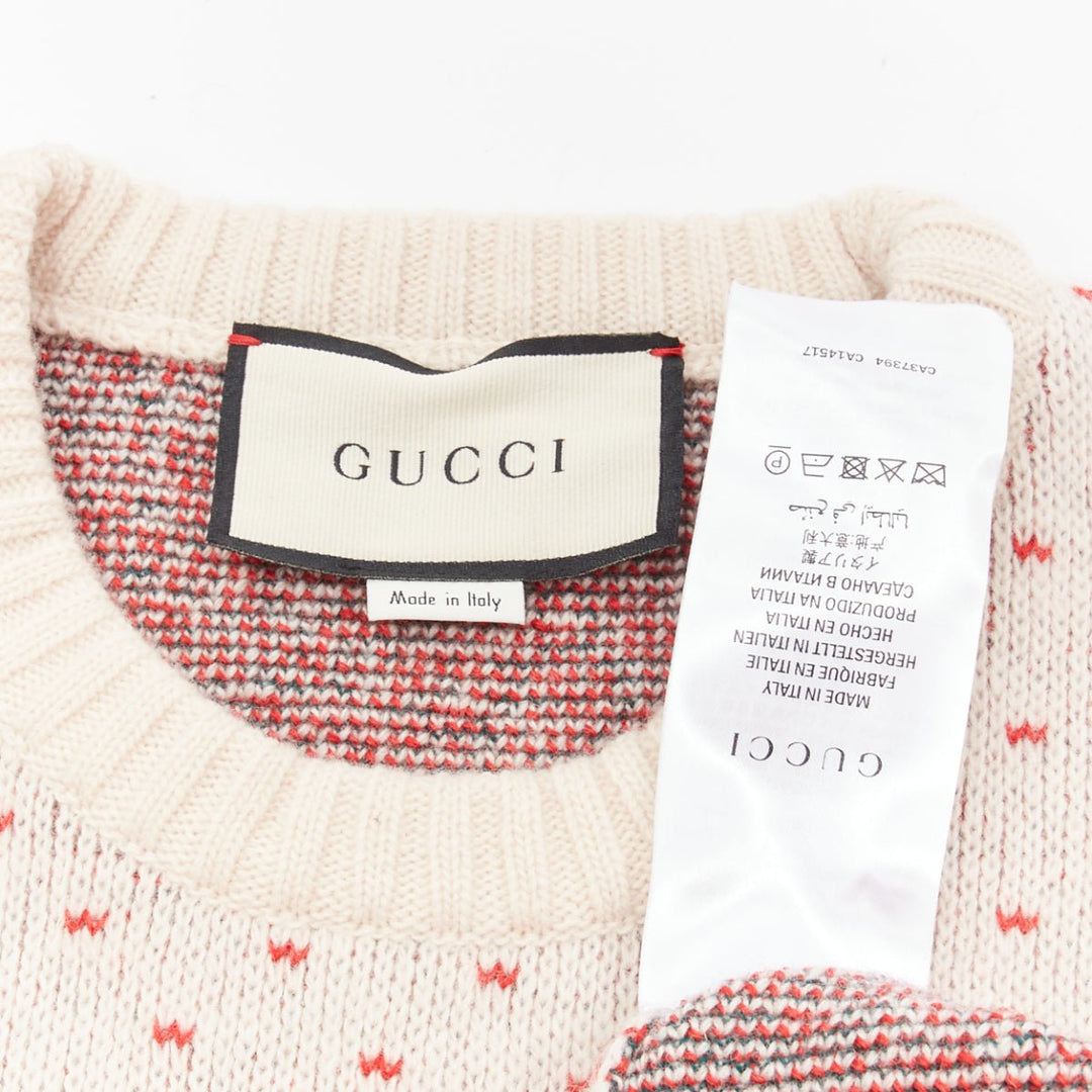 GUCCI 100% wool cream red fairisle vintage Crest logo intarsia sweater top XS