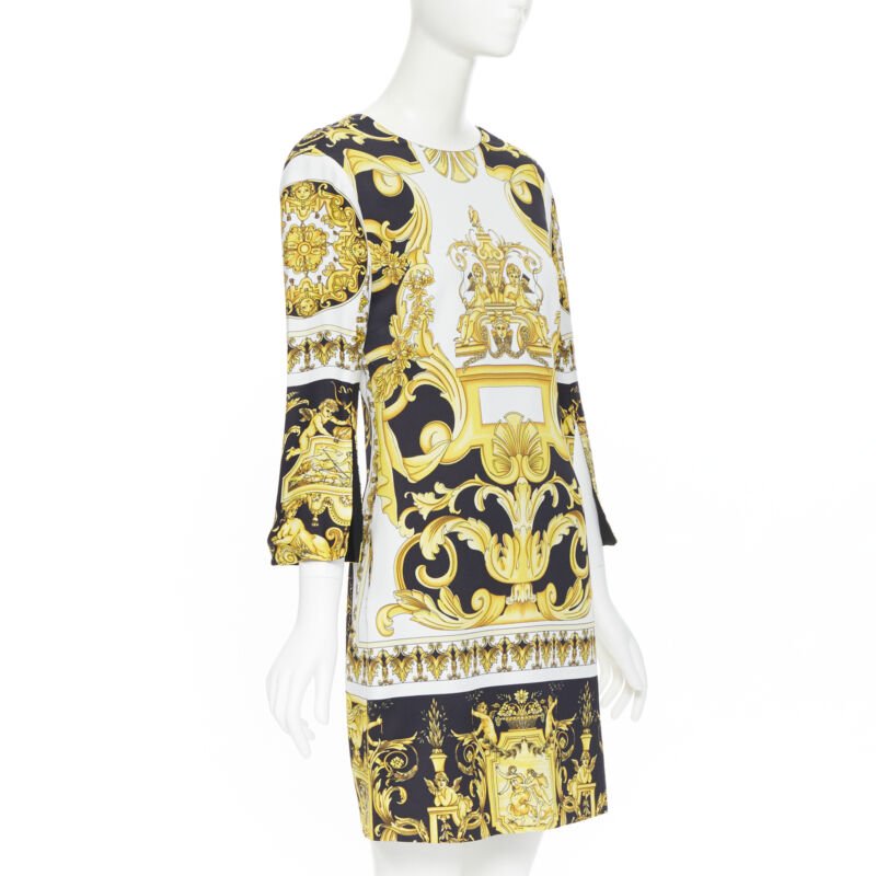 Female mannequin wearing Versace by Donatella Versace 2019 Gold Viscose Women Shift Dress in Size IT38 | Available at JHROP