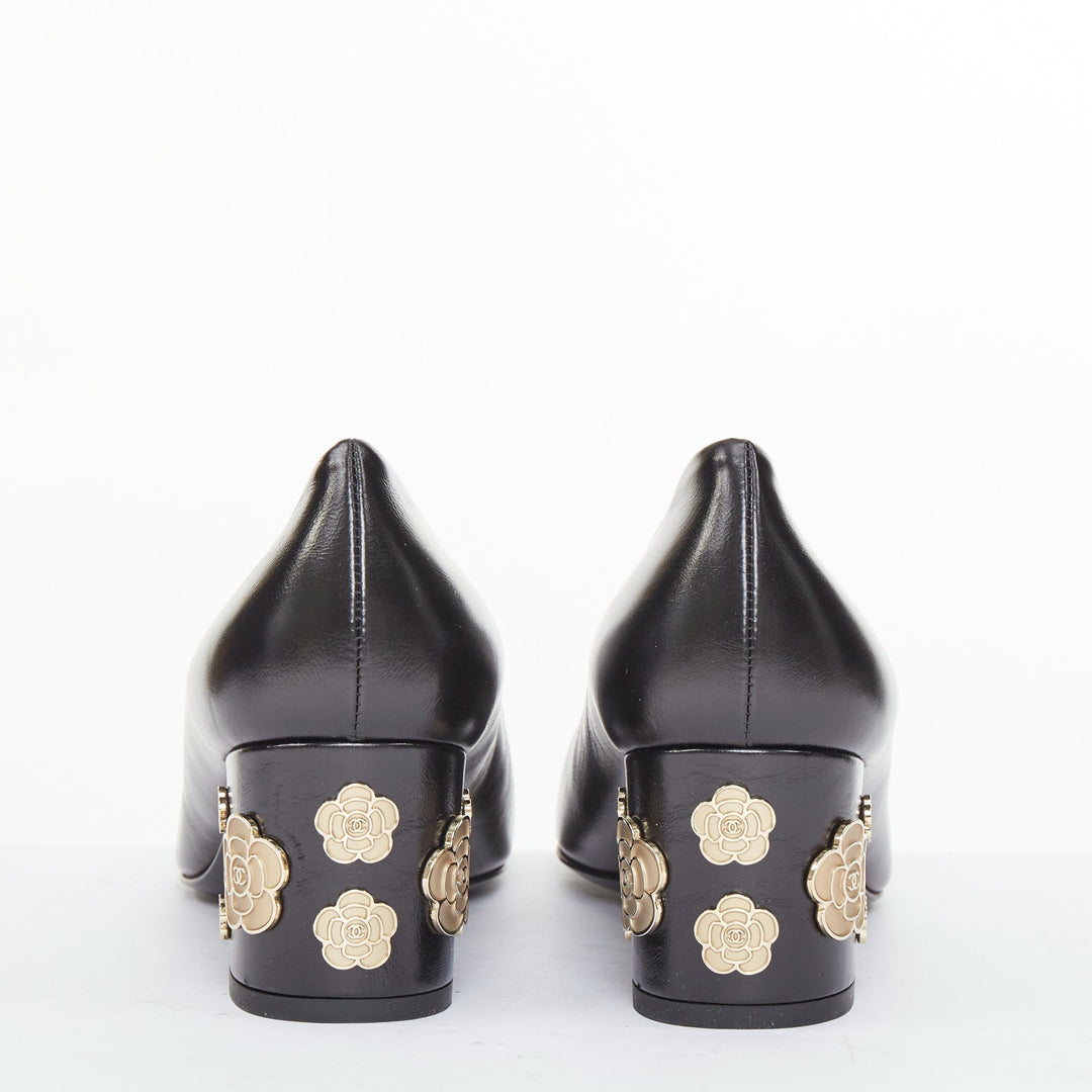 CHANEL 2021 black leather patent cap toe gold camellia block heel pumps EU39C