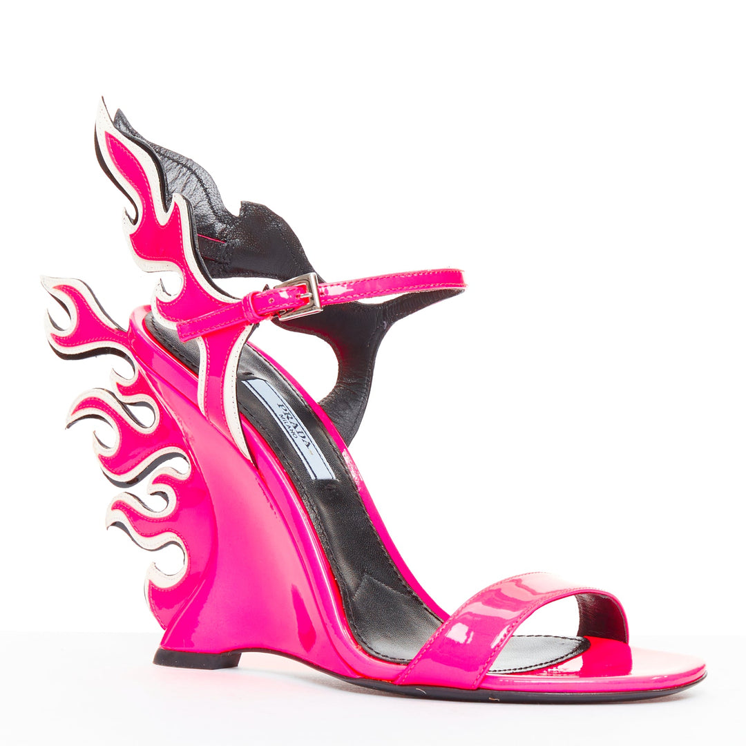 rare PRADA 2018 Flame Wedge neon pink patent Fire heel sandal EU37