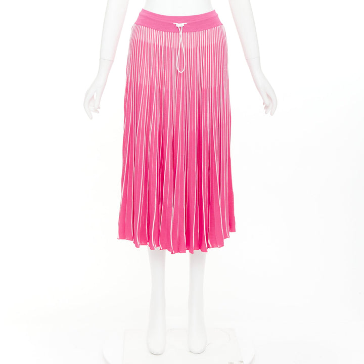 VALENTINO pink white viscose striped plisse toggle waist knit midi skirt S