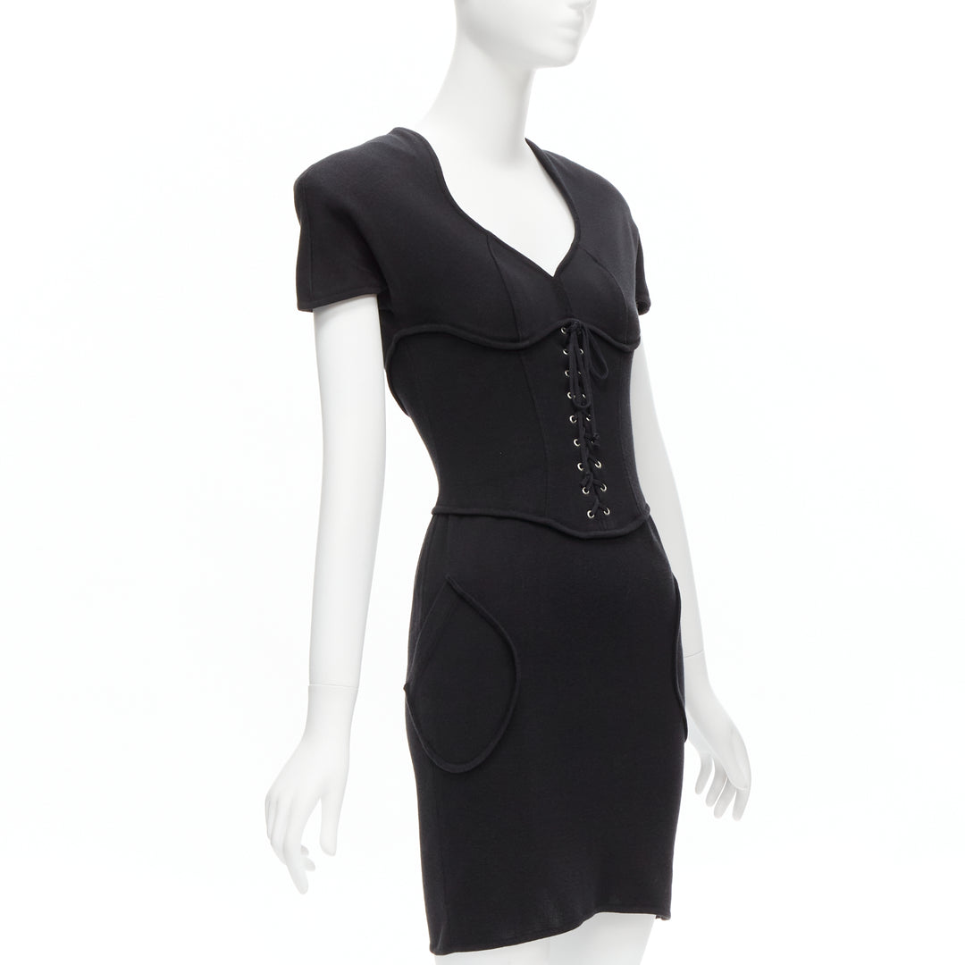 THIERRY MUGLER Vintage black jersey corset lace up waist bodycon dress M