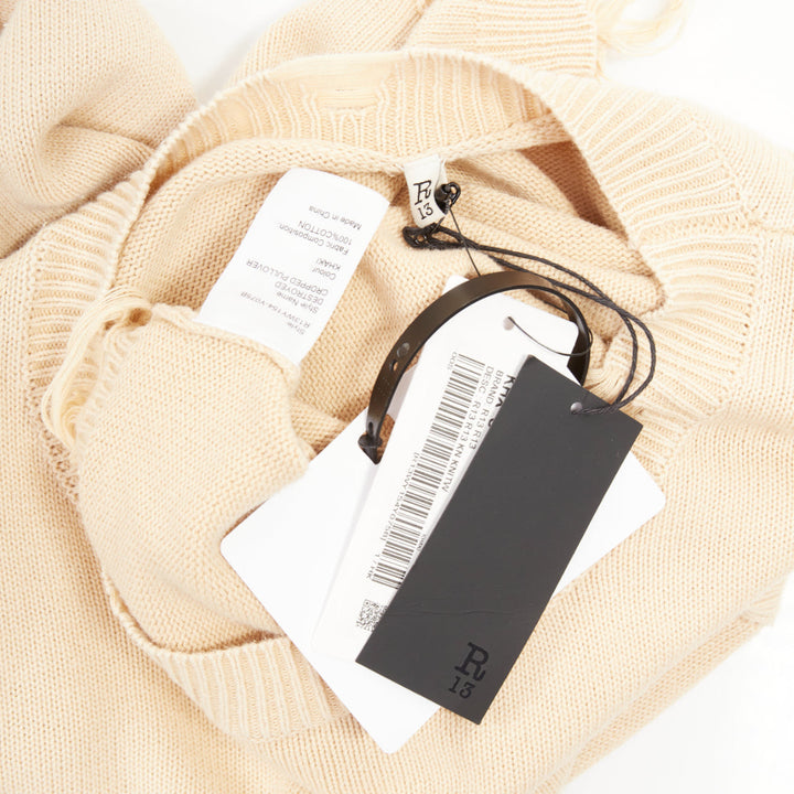 R13  2023 Destroyed Cropped Pullover khaki cotton distressed sweater S
