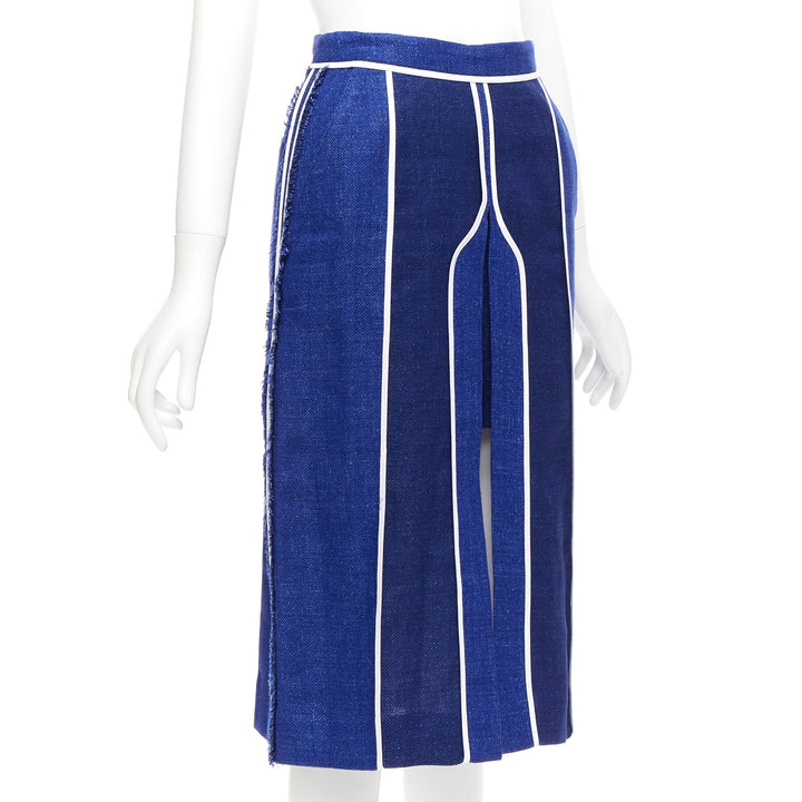 ACNE STUDIOS 2016 Kent Linen blue striped wool slit front midi skirt FR34 XS