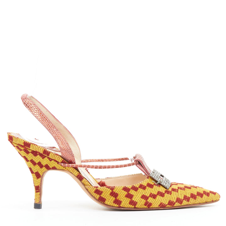 rare MANOLO BLAHNIK Vintage red yellow scaled crystal buckle slingback pump EU37