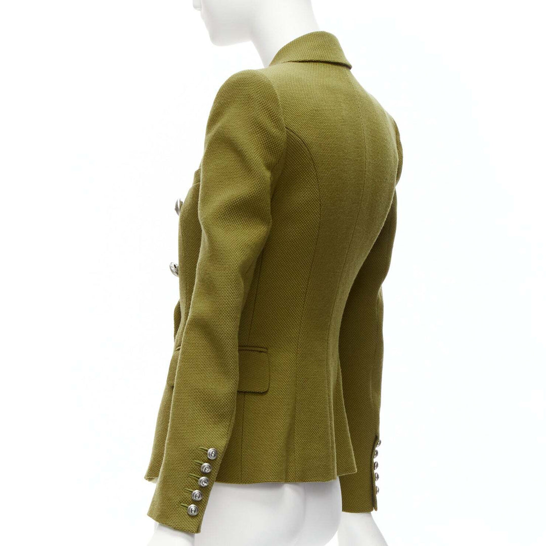 BALMAIN green silver lion button double breasted military blazer jacket FR36 S