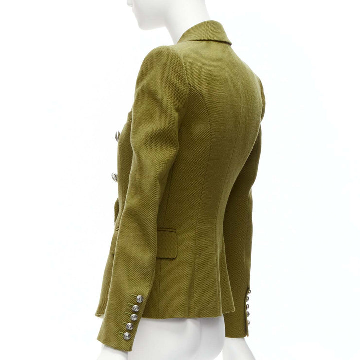 BALMAIN green silver lion button double breasted military blazer jacket FR36 S