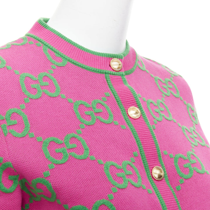 GUCCI 2023 pink green silk blend GG Jacquard crop cardigan XS