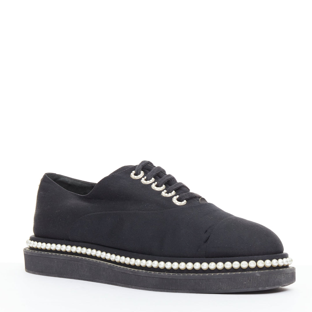 CHANEL black monochrome fabric faux pearl lace up derbies EU37.5