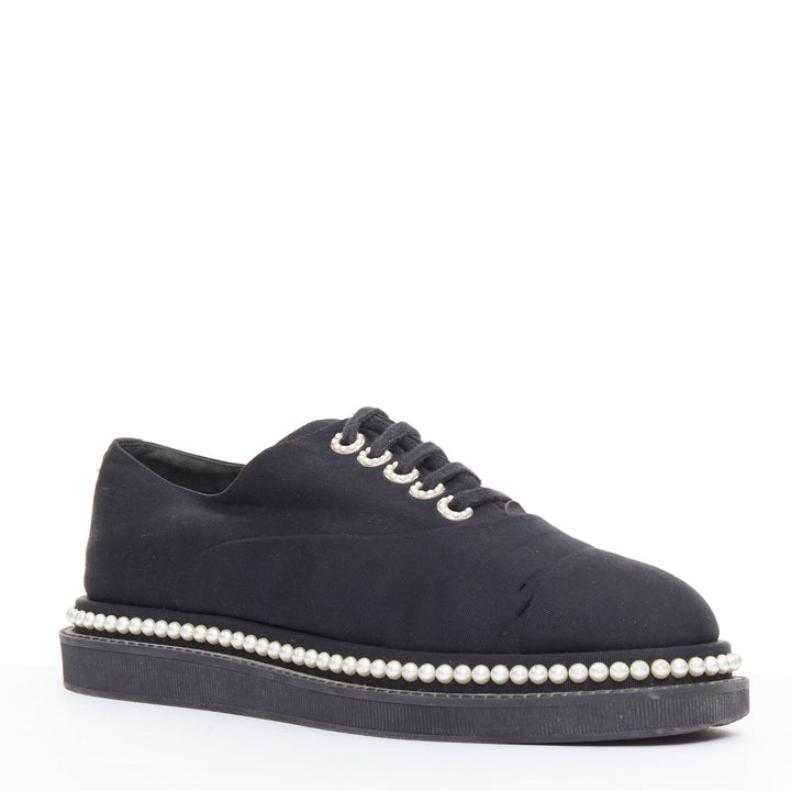 CHANEL black monochrome fabric faux pearl lace up derbies EU37.5