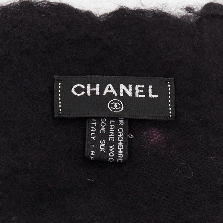 CHANEL 2024 black confetti speckle cashmere wool silk CC embroidered logo scarf