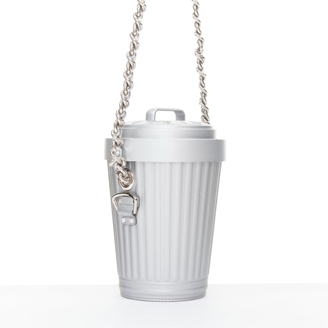 rare MOSCHINO 2017 Jeremy Scott Trash Can metallic silver chain crossbody bag