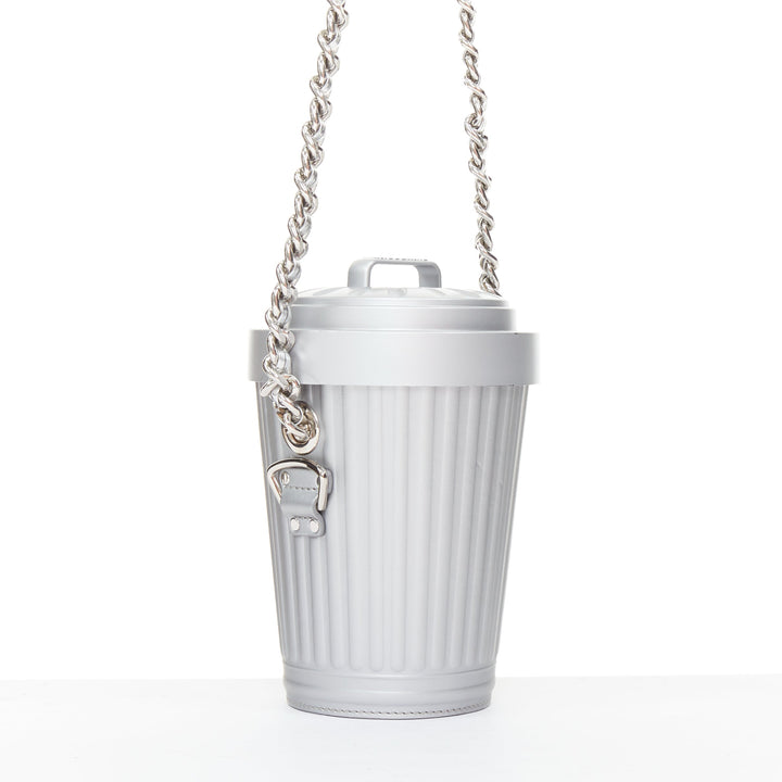 rare MOSCHINO 2017 Jeremy Scott Trash Can metallic silver chain crossbody bag