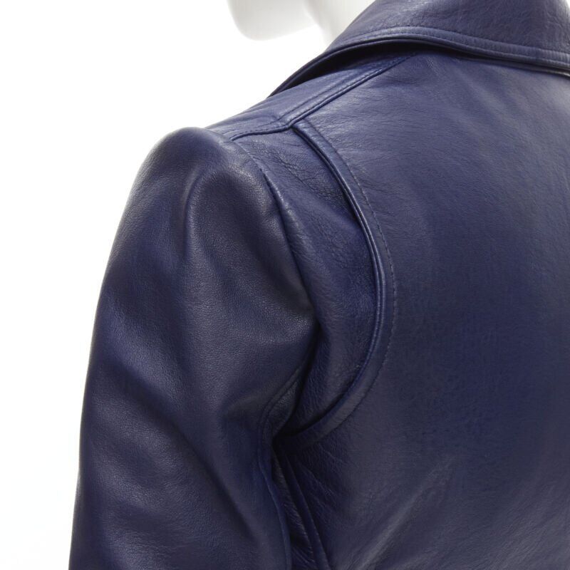 BALENCIAGA 2014 dark blue lambskin leather cropped fit biker jacket FR34 XS