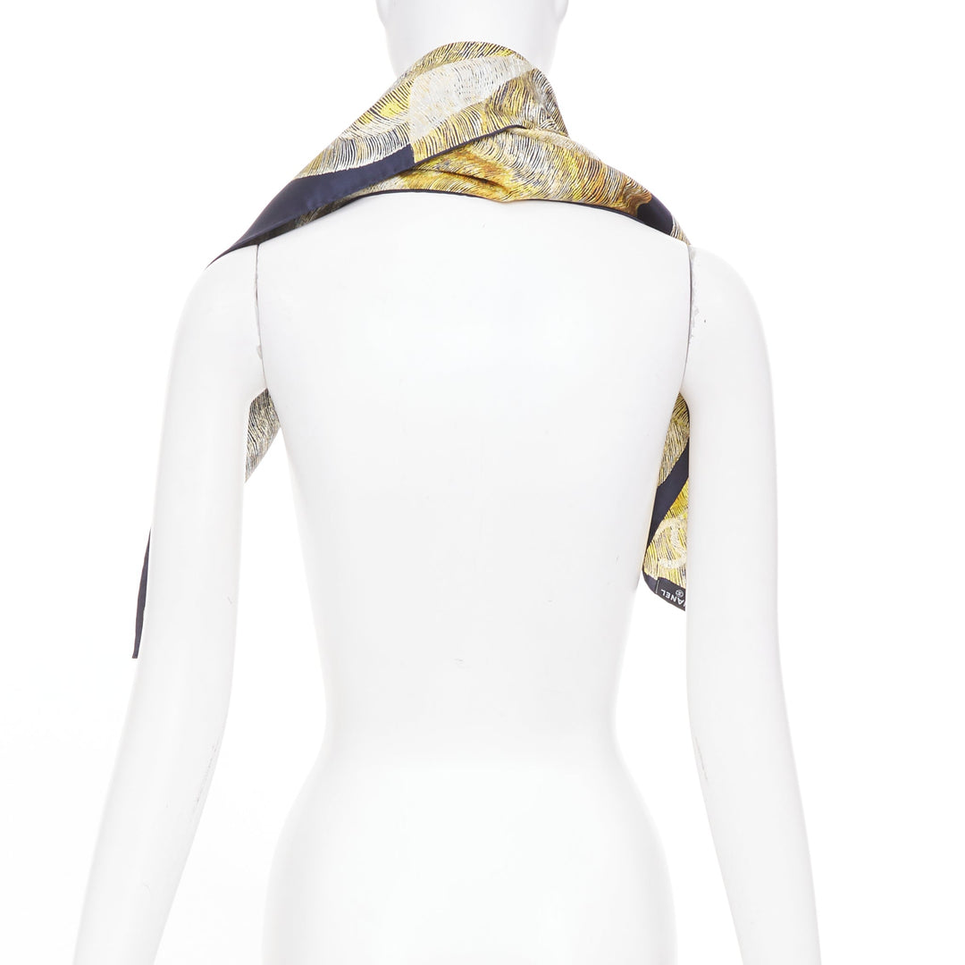 CHANEL navy gold graphic cc camellia logo print silk twill square scarf