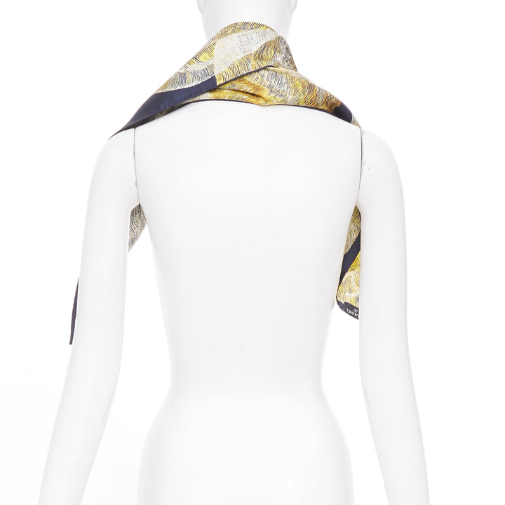 CHANEL navy gold graphic cc camellia logo print silk twill square scarf