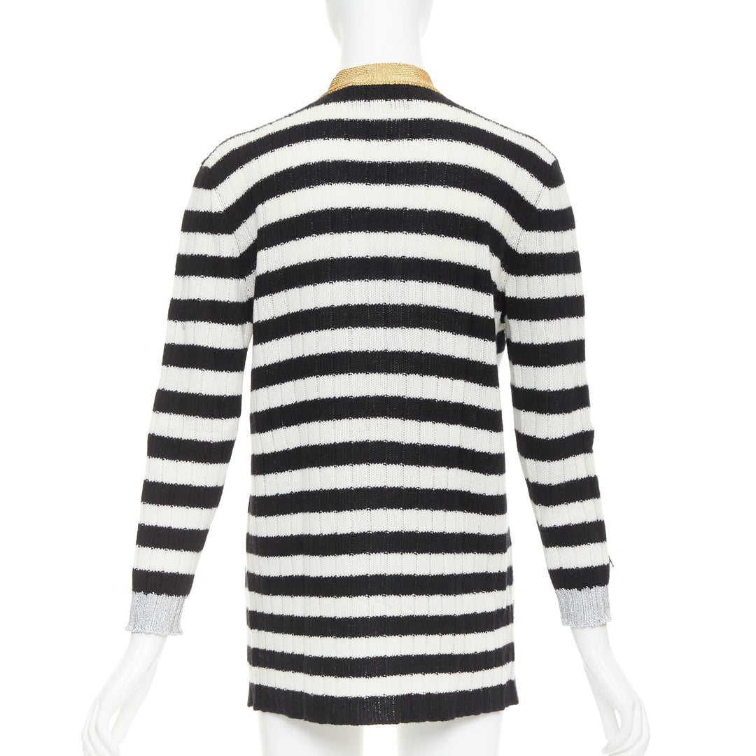 GUCCI Michele black white cashmere wool flower embroidered gold cardigan XXS