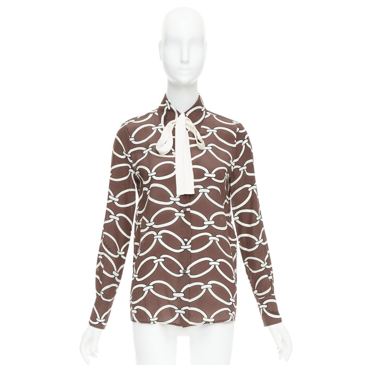 VALENTINO Chain 1967 brown cream crepe de chine silk tie neck blouse IT38 XS