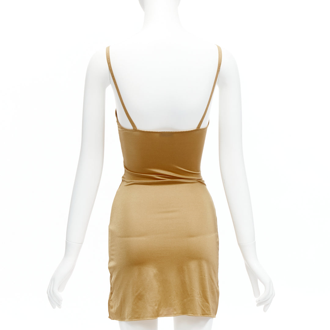 DOLCE GABBANA UNDERWEAR golden nude logo trim bustier bodycon dress IT2 XS