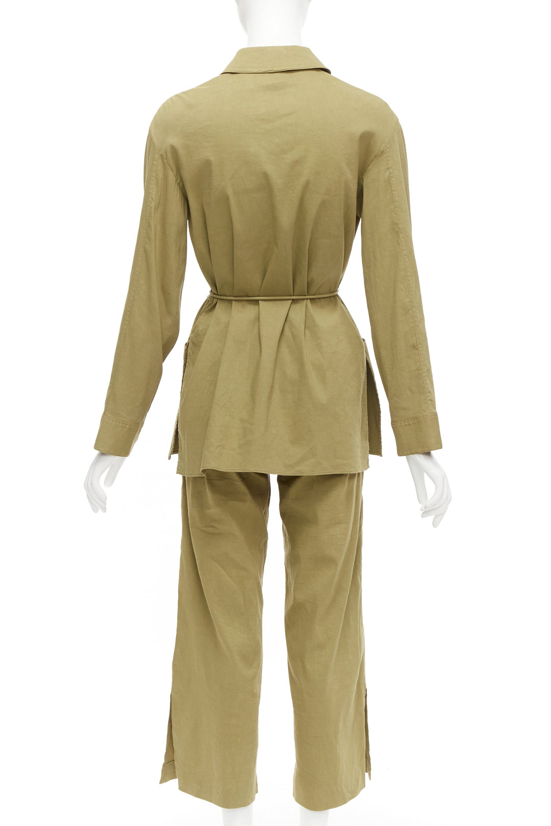 THEORY olive green linen blend tie belt relaxed jacket wide leg pants set US0 XS