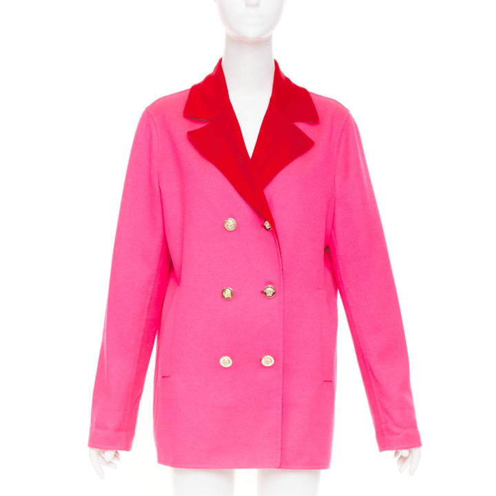 VERSACE pink red colorblock contrast lapel gold Medusa double breasted coat L