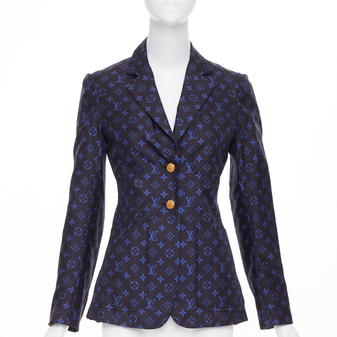LOUIS VUITTON navy blue lightweight silk LV monogram gold button blazer FR34 XS