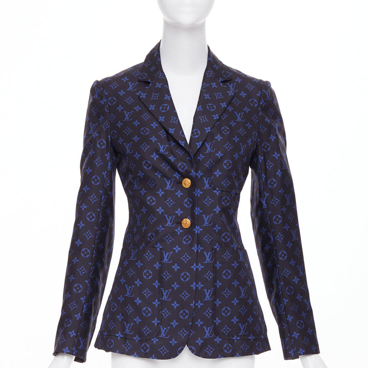 LOUIS VUITTON navy blue lightweight silk LV monogram gold button blazer FR34 XS